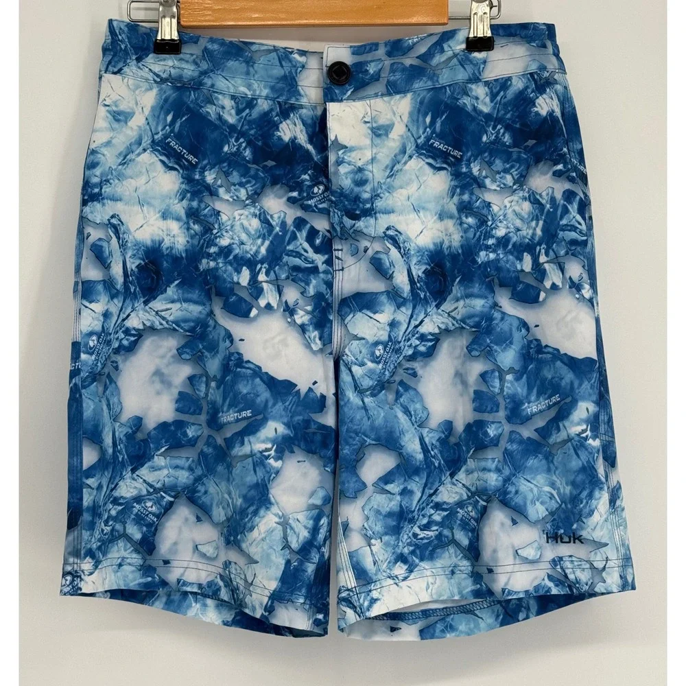 Huk Pursuit Mossy‎ Oak Fracture Boardshorts Mens Blue Fishing Shorts Sz 30